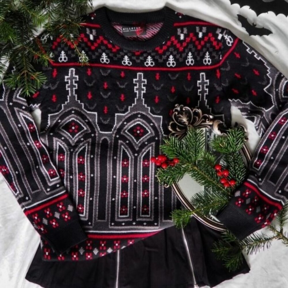Killstar Black, Red & Gray Gothic Cathedral Knit Sweater - Picture 5 of 13